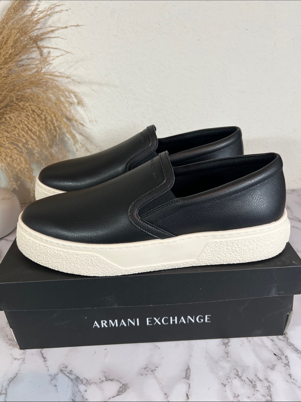 Armani Exchange Black Leather Slip-On Sneakers Size 13